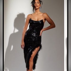 PLT Black Sequin Bandeau Feather Split Midaxi Dress